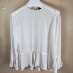 Theory Women's Silk Blouse Size Large White‎ Ruffle Hem & Sleeves Corporate Work